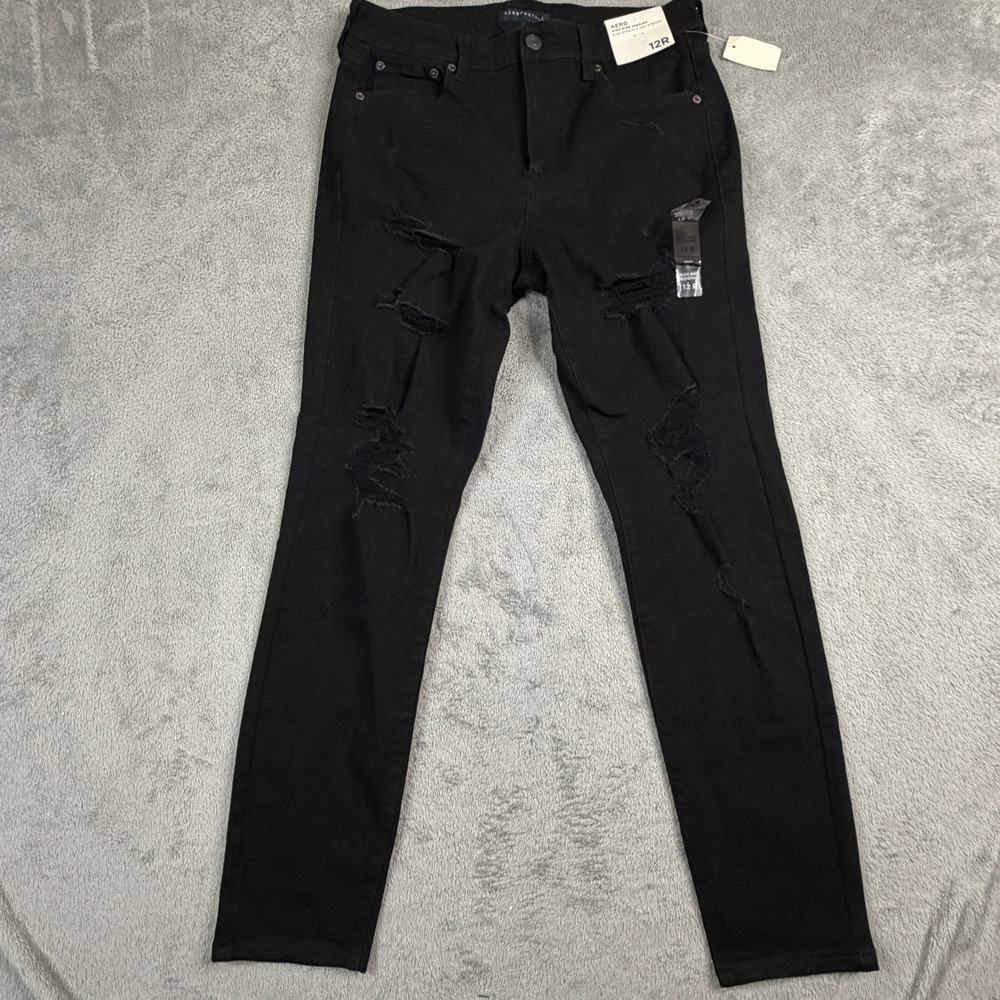 NWT Aeropostale High Rise Jegging Black Distressed Ripped Jeans Flex Stretch 12R